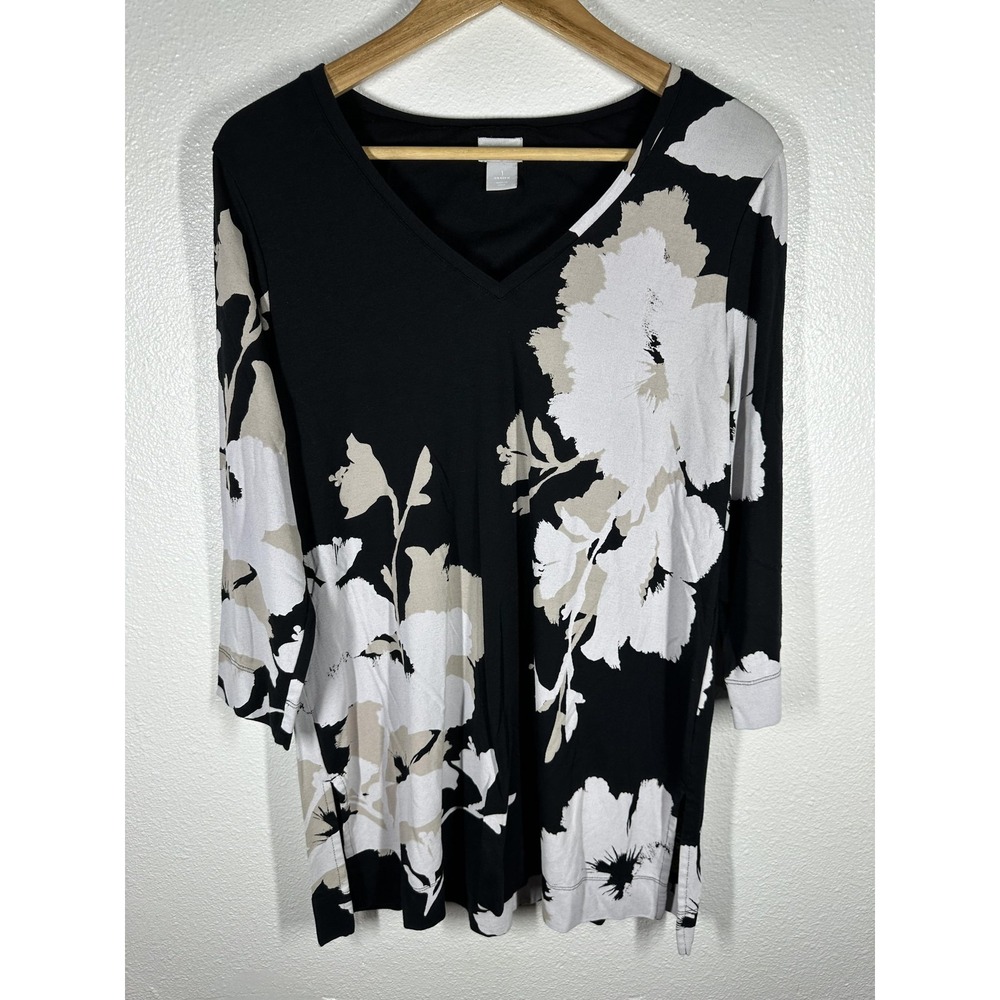 Chico's Blouse Womens Medium Black Floral V Neck 3/4 Sleeve Tunic Top‎ Jersey - Picture 7 of 8